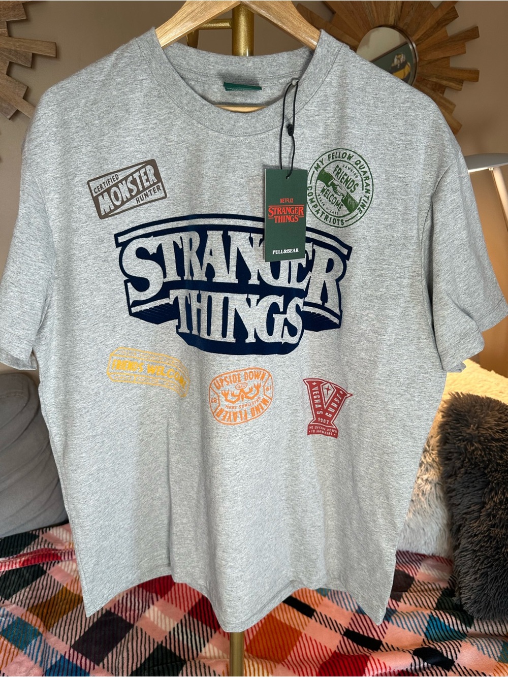Pull&Bear Stranger Things Graphic Tee - Grey with Navy & Green Accents